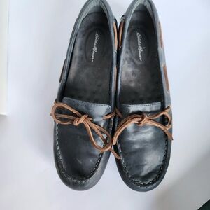 Eddie Bauer Womens Navy Leather Loafers with Brown Ties Sz 10